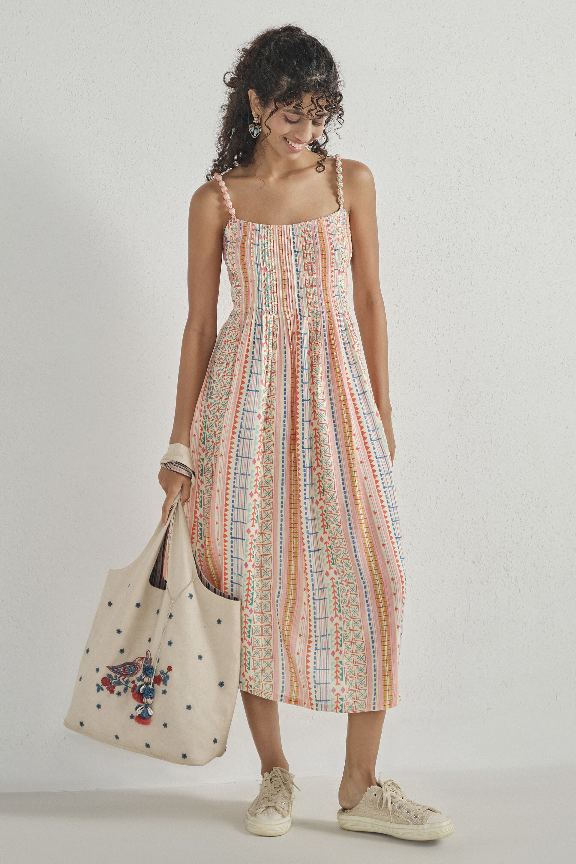 Printed Beaded-Strap Maxi Dress, Off White, image 4